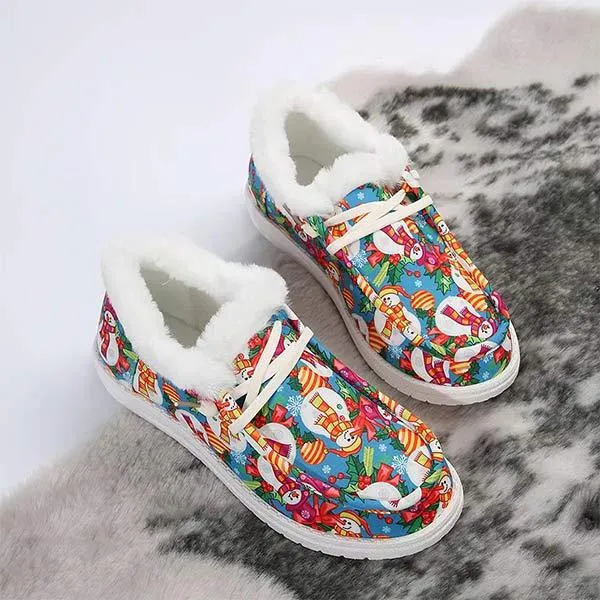 Women's Christmas Print Lace-up Fleece-Lined Cotton Shoes 21717612C
