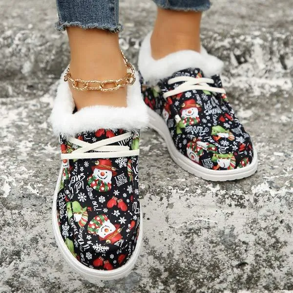 Women's Christmas Print Lace-up Fleece-Lined Cotton Shoes 21717612C