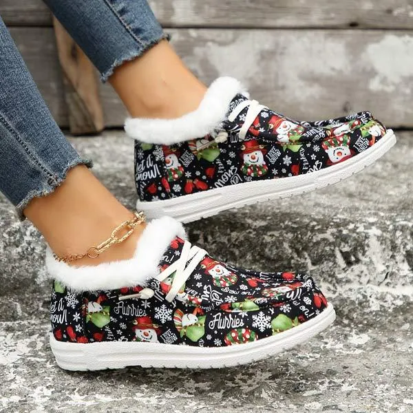Women's Christmas Print Lace-up Fleece-Lined Cotton Shoes 21717612C