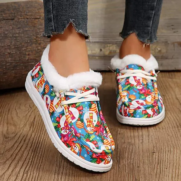 Women's Christmas Print Lace-up Fleece-Lined Cotton Shoes 21717612C
