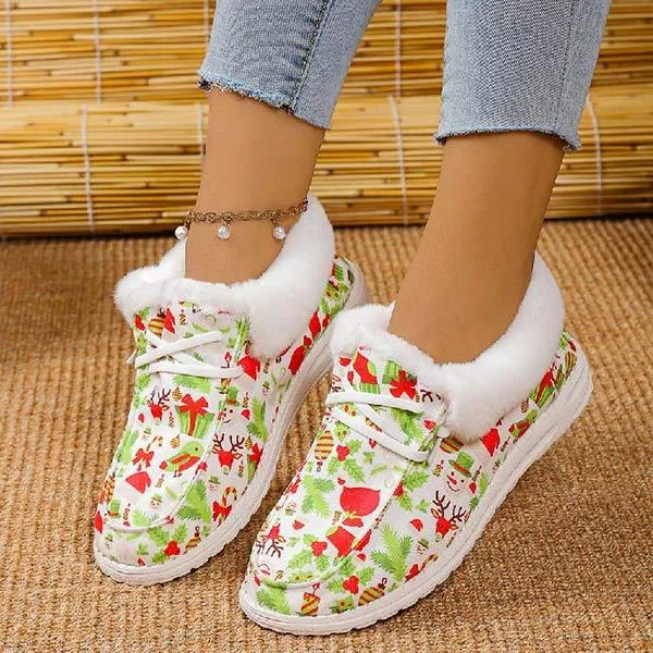 Women's Christmas Print Lace-up Fleece-Lined Cotton Shoes 21717612C