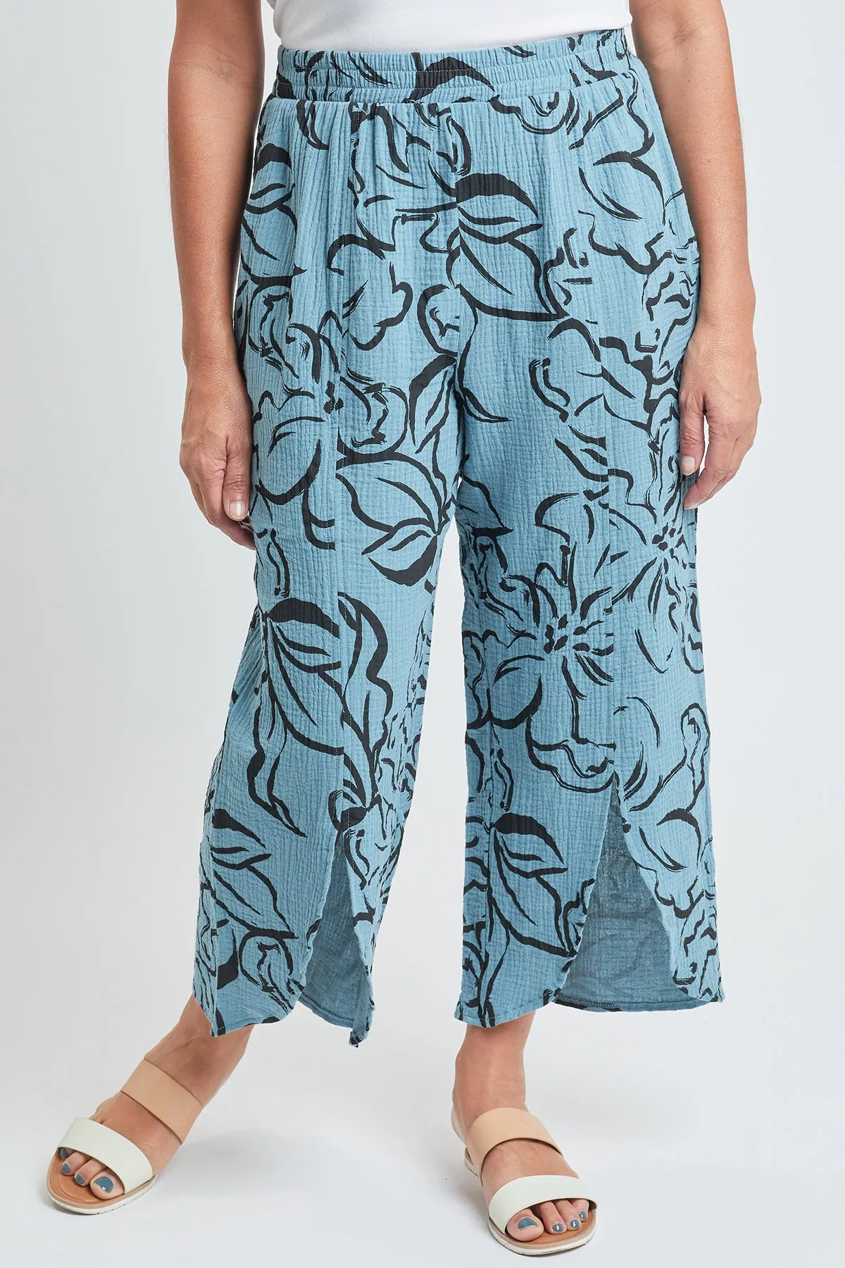 Womens Double Gauze Front Split Wide Leg Pants
