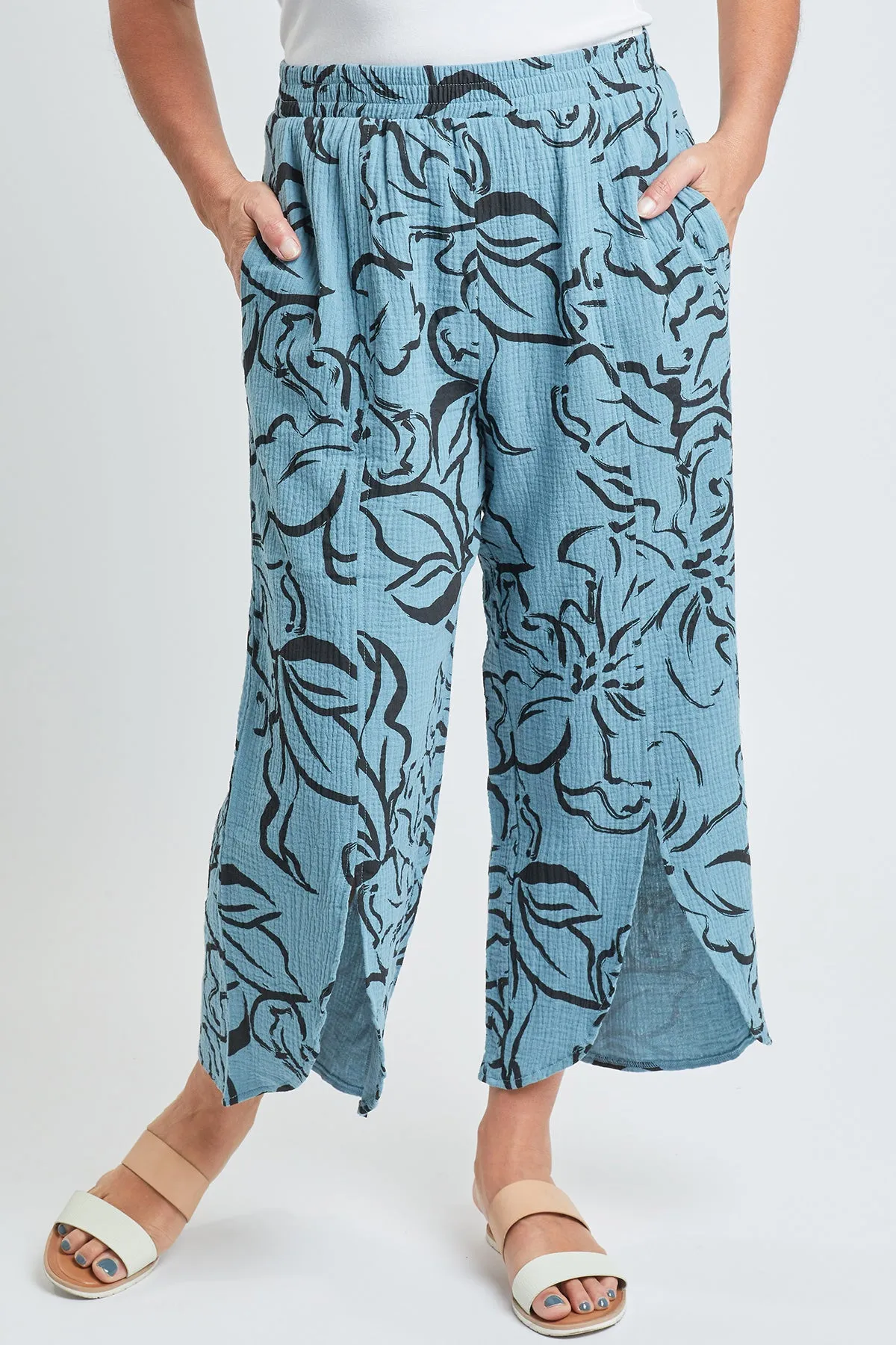 Womens Double Gauze Front Split Wide Leg Pants