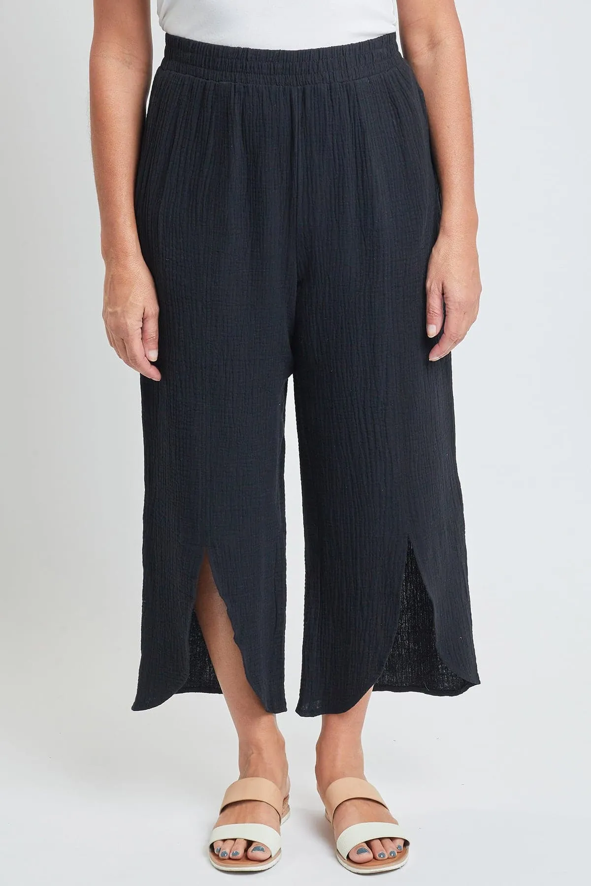Womens Double Gauze Front Split Wide Leg Pants