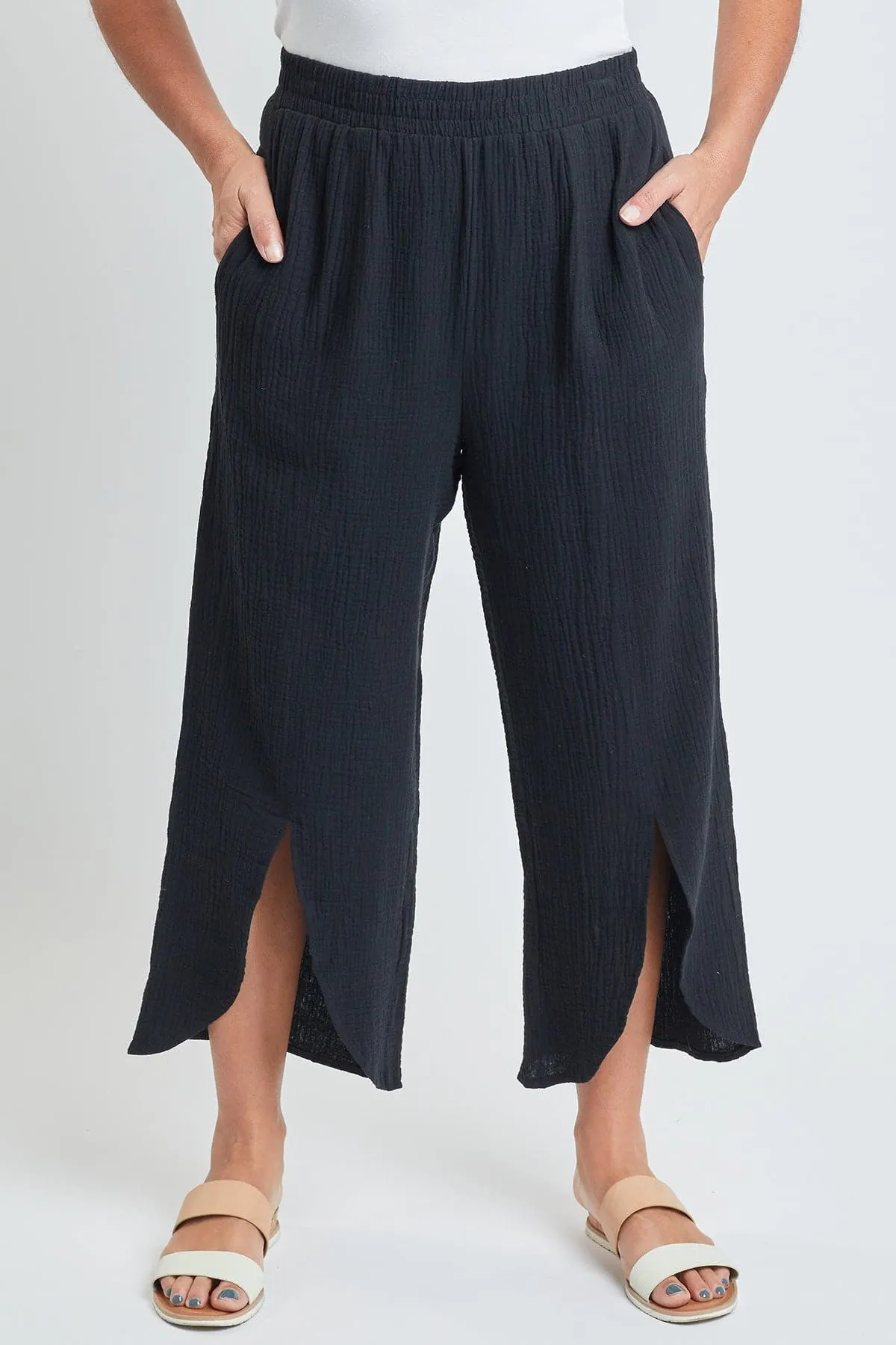 Womens Double Gauze Front Split Wide Leg Pants