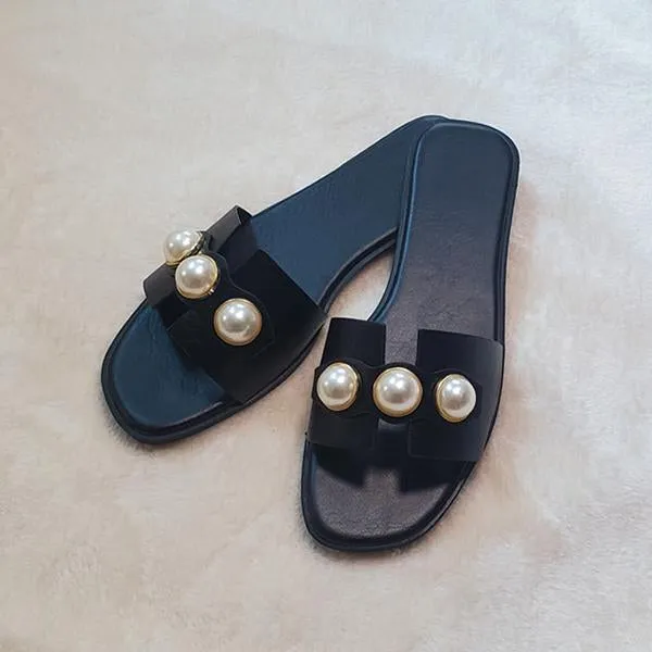 Women's Elegant Pearl Square Toe Flat Casual Sandals 54028801S