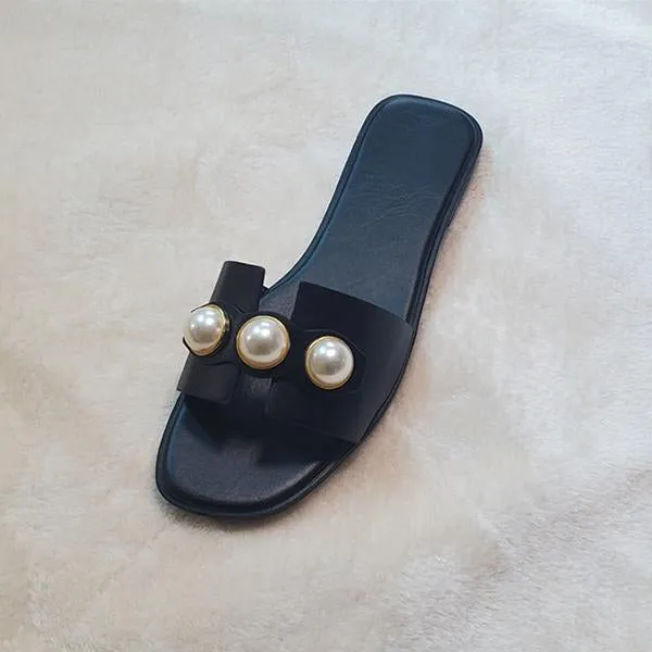Women's Elegant Pearl Square Toe Flat Casual Sandals 54028801S