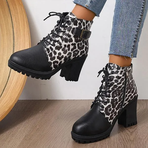 Women's Fashion Leopard Print Belt Buckle Ankle Boots 27595648S