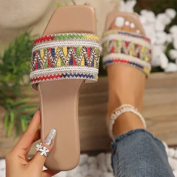 Women's Rhinestone-Embellished Square-Toe Flat Sandals 61792238C