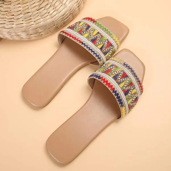 Women's Rhinestone-Embellished Square-Toe Flat Sandals 61792238C