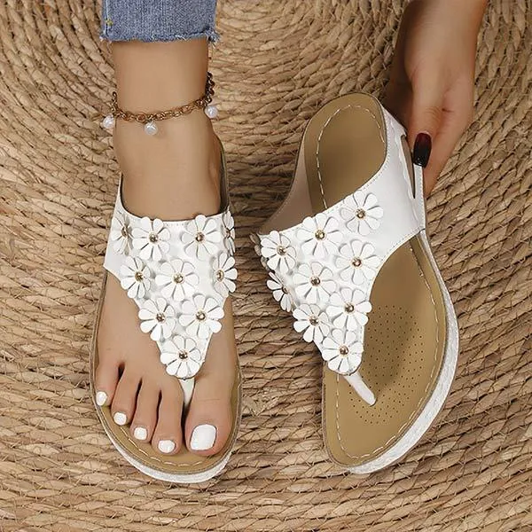 Women's Studded Floral Wedge Sandals with Toe Loop 23262005C