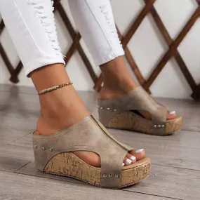 Women's Studded Peep Toe Platform Wedge Sandals 91422579C