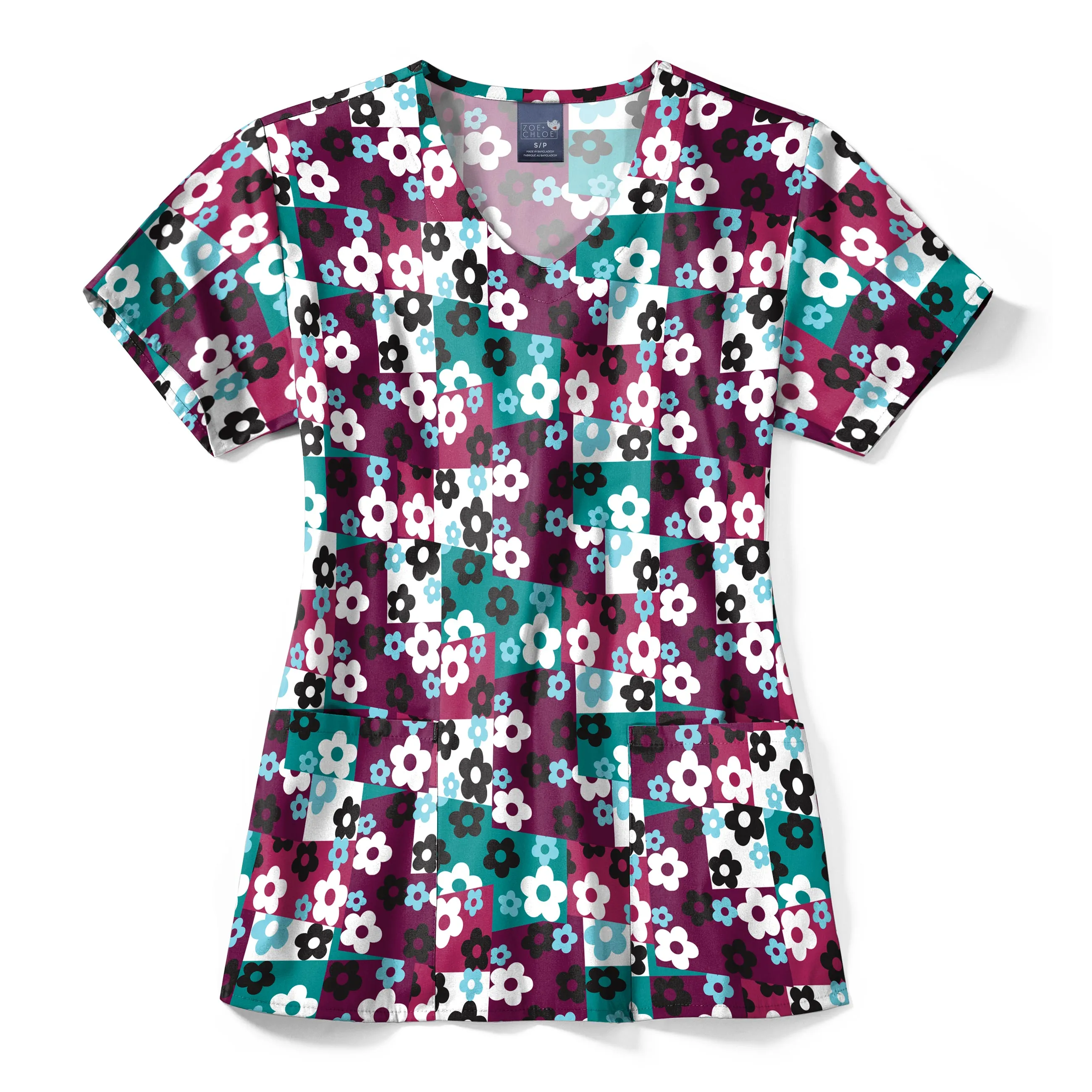 Zoe Chloe Performance V-Neck Print Scrub Top - Skater Check Wine