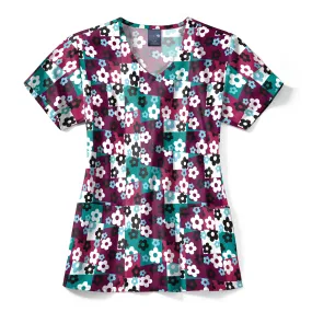 Zoe Chloe Performance V-Neck Print Scrub Top - Skater Check Wine
